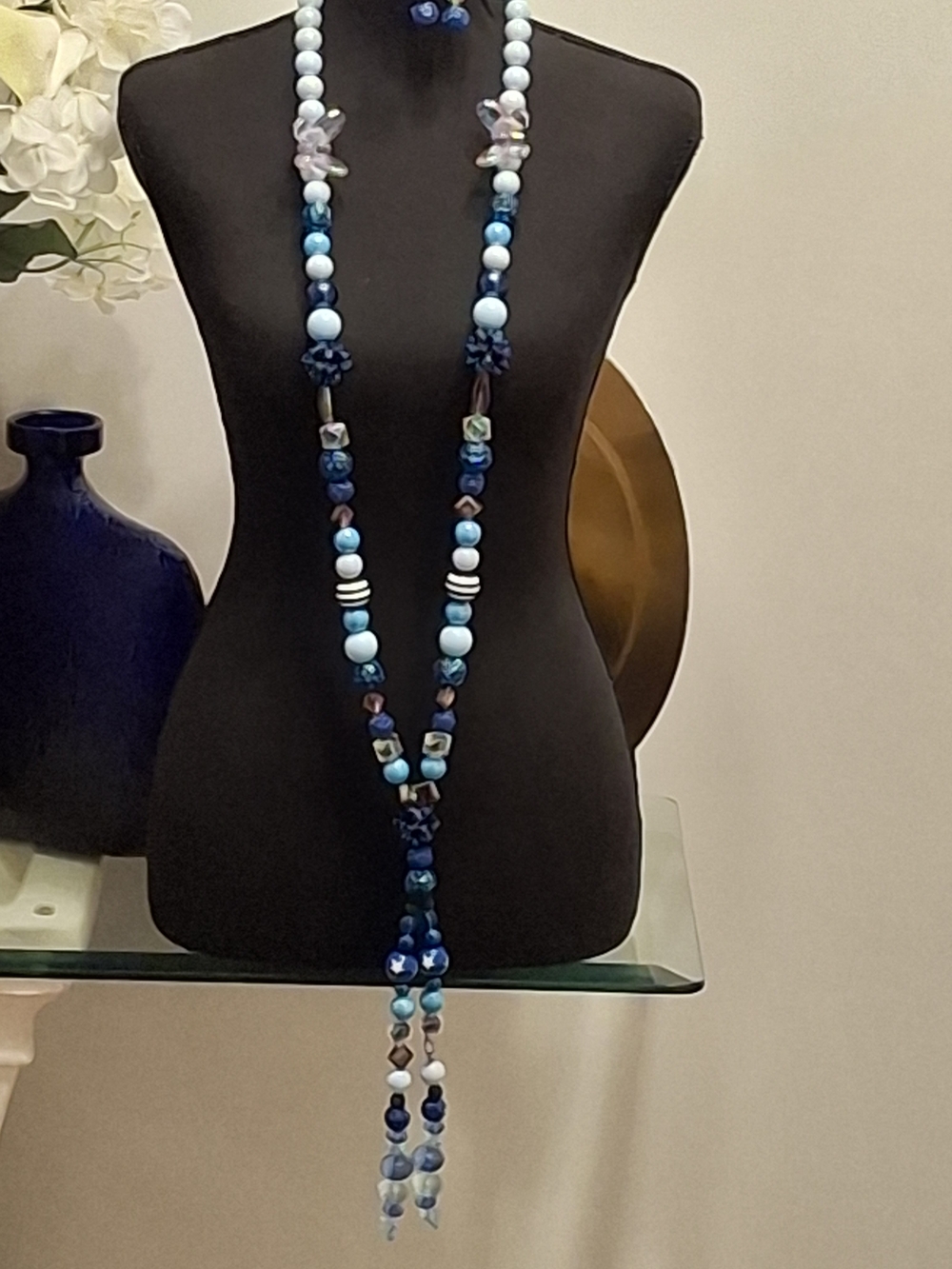 Handcrafted Long Shades Of Blue Beaded Necklace Set